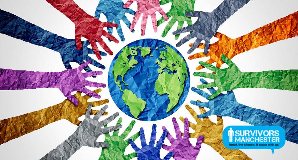 An image of diverse hands linking around the world